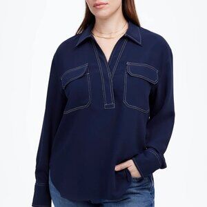 NWT! MADEWELL Navy Contrast-Stitch Popover Shirt Size XS
